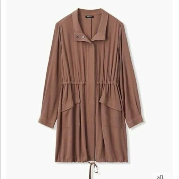 Torrid Anorak Jacket Size 12 Dark Tan Taupe Crinkled Gauze Drawstring Back New - Picture 1 of 6